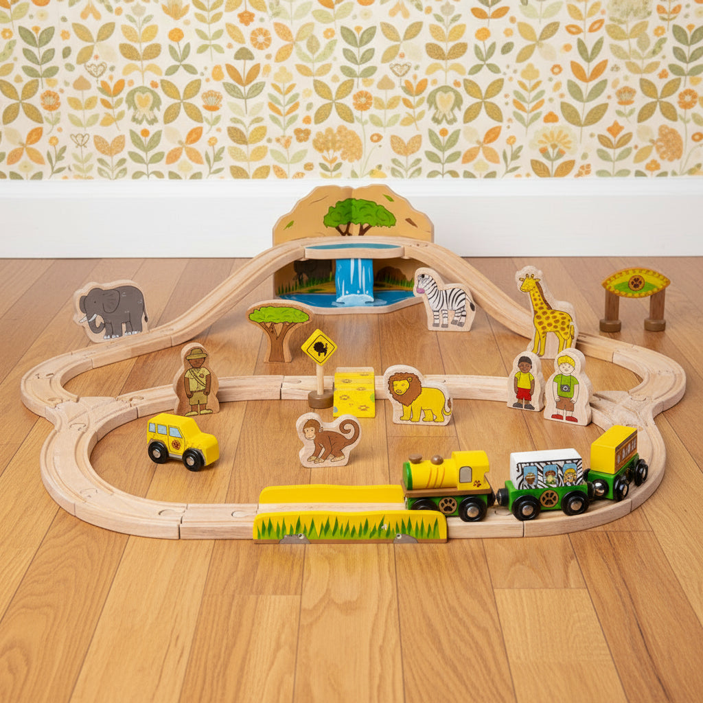 A 38-piece wooden safari-themed train set with tracks, a toy train engine, two carriages, and various wild animal figures, including an elephant, zebra, and monkey. The set is displayed with wooden trees and decorative signs.