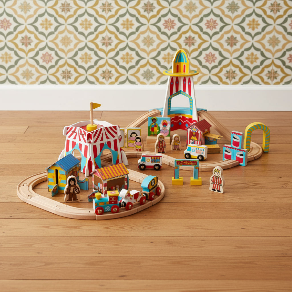 A colorful wooden train set depicting a fun fair theme, including a train engine and carriages, various fairground accessories, and wooden train tracks arranged in a looped circuit.