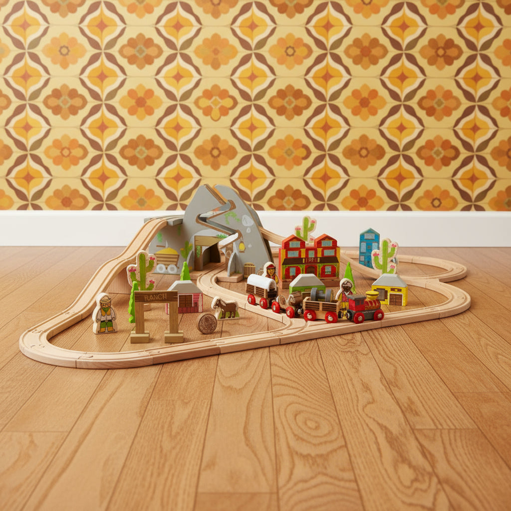 A 62-piece wooden Wild West themed train set, including multiple carriages, a mountain gold mine tunnel, tracks, and assorted accessories like horses and houses.