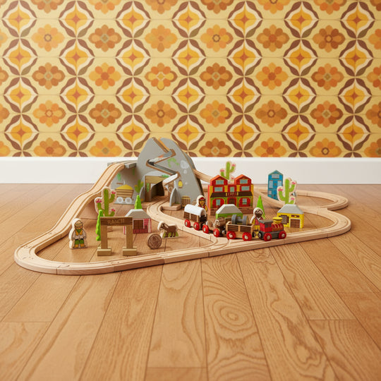 A 62-piece wooden Wild West themed train set, including multiple carriages, a mountain gold mine tunnel, tracks, and assorted accessories like horses and houses.