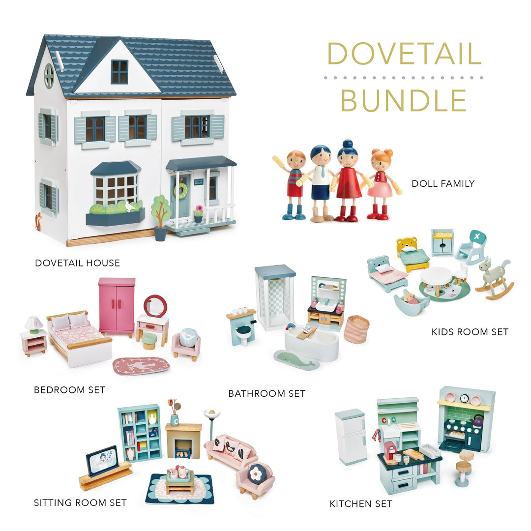 Dovetail toy house bundle with various furniture pieces and dolls on a white background.