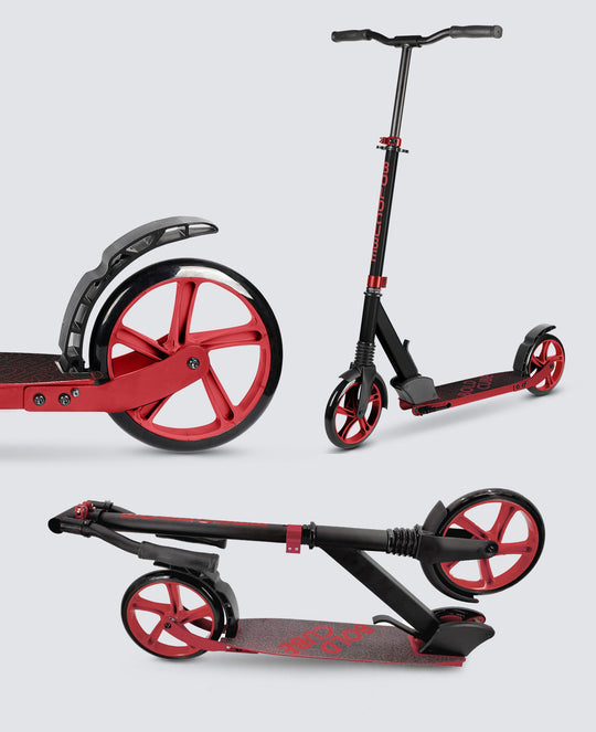 Close up images showing the detail on the wheel and also how the scooter folds into a transportable size