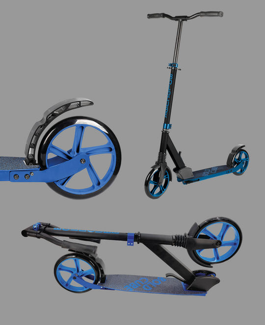 Close up images of black and blue scooter showing details and also illustrating how the scooter folds into a compact and portable size
