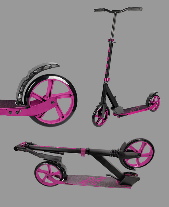 Close up of various parts of the scooter showing detail such as the back wheel and displaying how the scooter collapses into a portable size for transporting
