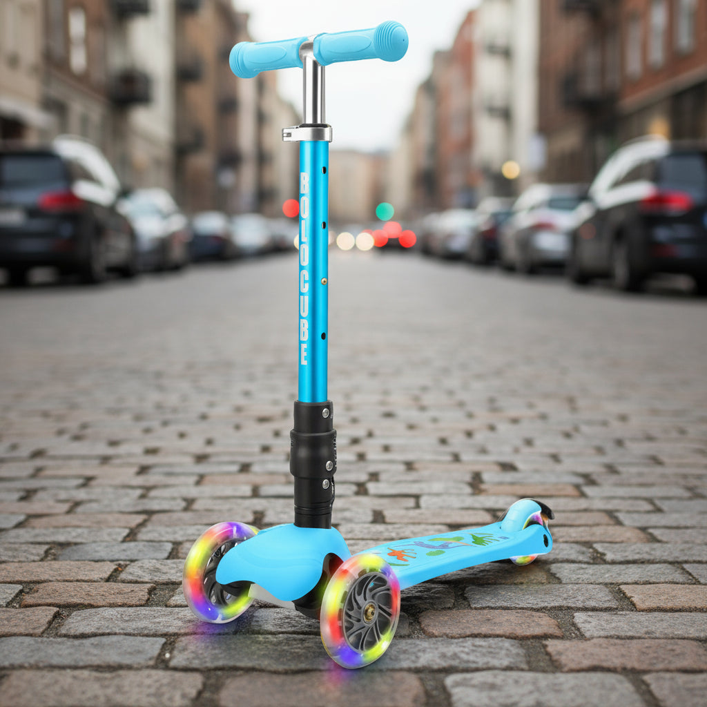 Children's scooter with colorful wheels and dinosaur design on a white background