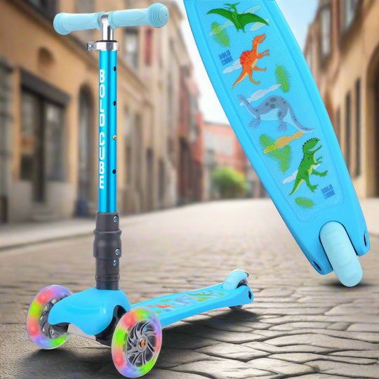 Children's scooter with dinosaur design on a pavement