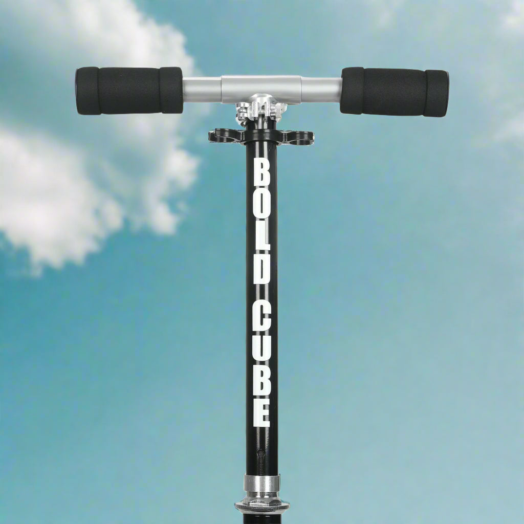 Close up of scooter handlebars showing padded handles against a blue sky background