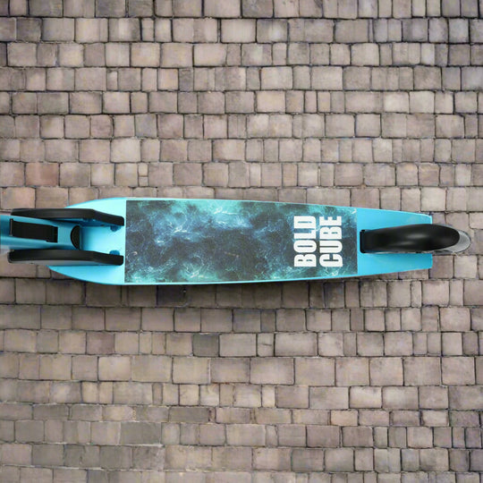 Blue scooter with 'Bold Cube' branding on a pavement