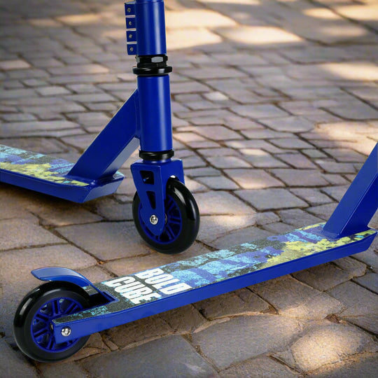 Close up of blue scooter wheels and the designed on the tread