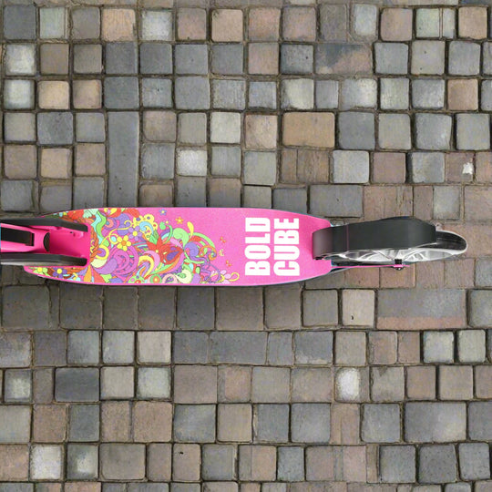 Close up of the treat of the scooter which shows an abstract colourful floral design with 'Bold Cube' branding