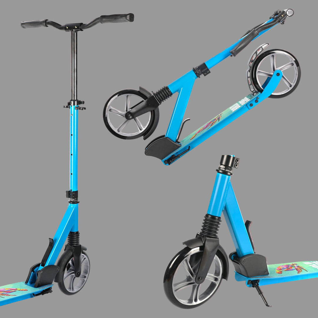 Close up images of different parts of the scooter including illustrating how it folds into a compact and portable size