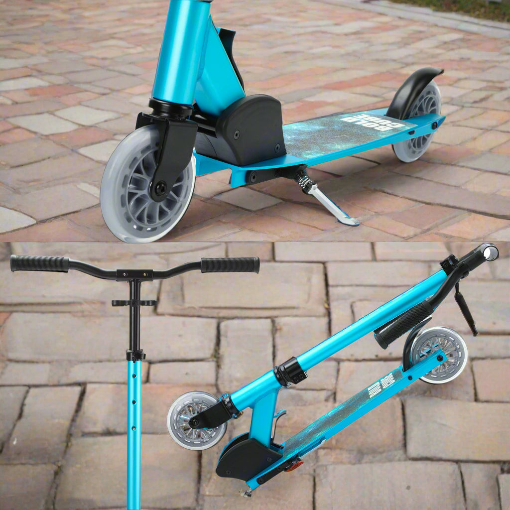 Different close up images of the blue scooer, the handlebars, the wheels and it folded