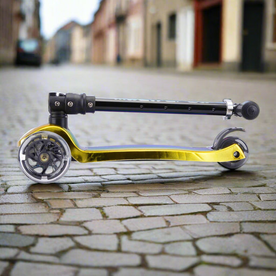 Side view of the scooter when collapsed into its folded postion