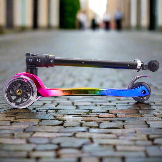 Colourful scooter folded into its protable size
