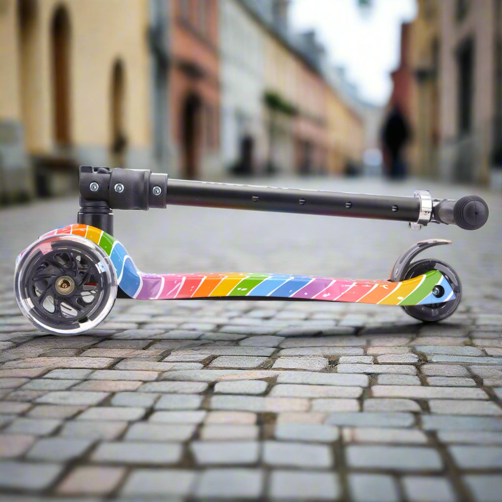 Colourful scooter folded into its portable position