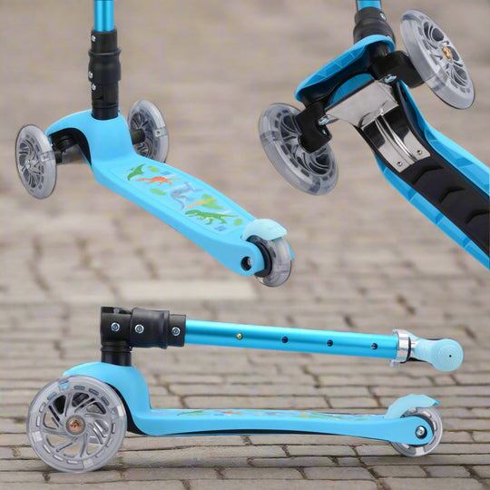 Blue scooter with transparent wheels on a pavement