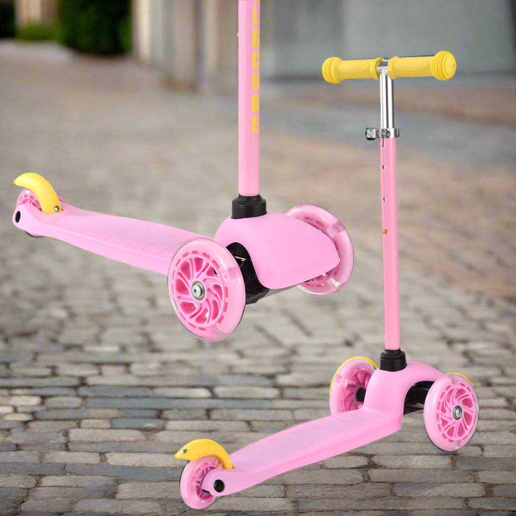 Pink scooter with yellow handlebar and wheels on a pavement
