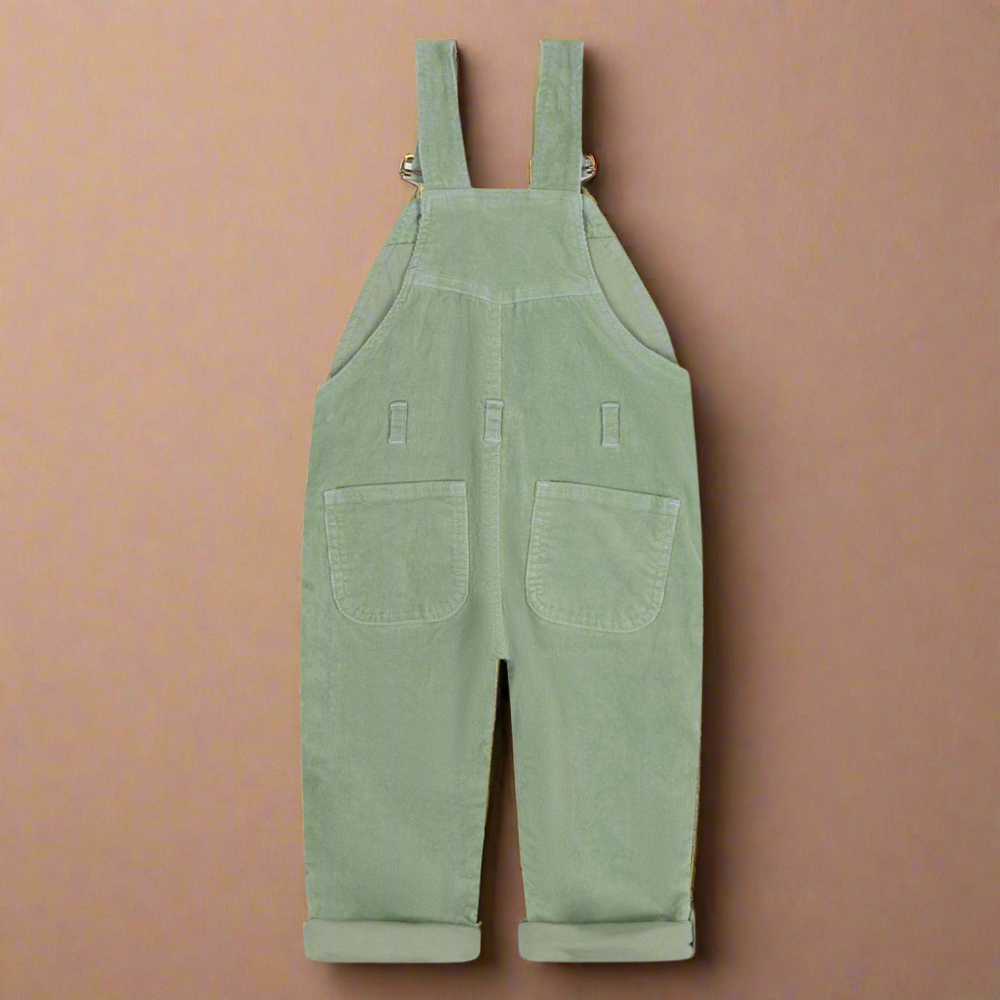 Reverse of sage green corduroy dungarees showing two pockets on rear