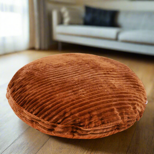 Large round floor cushion with chunky brown corduroy fabric