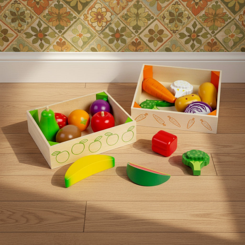 Wooden toy vegetables and fruits in two boxes on a white background