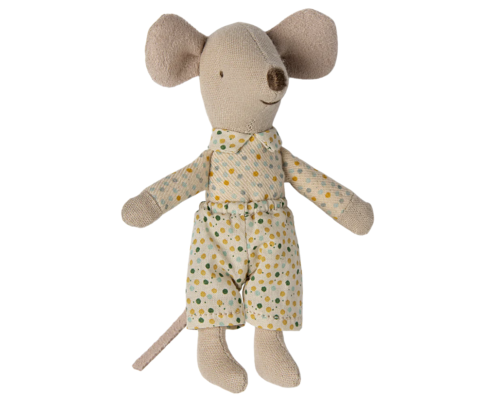 Maileg | Matchbox Mouse - Little Sibling In Spotty Clothes with Blue Blanket