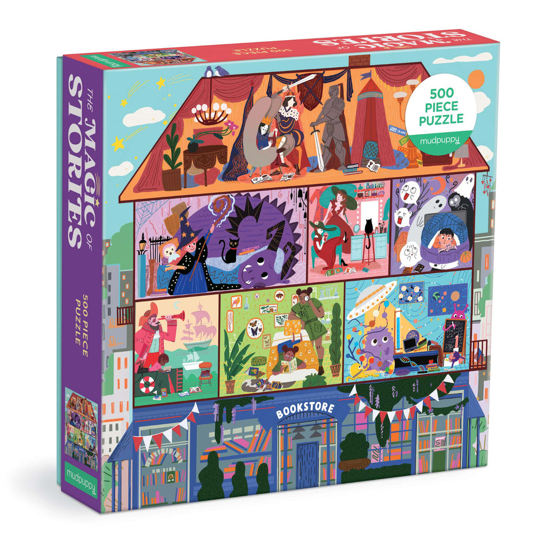 A 500-piece puzzle depicting a colourful scene with various fairy tales in each room inside a house