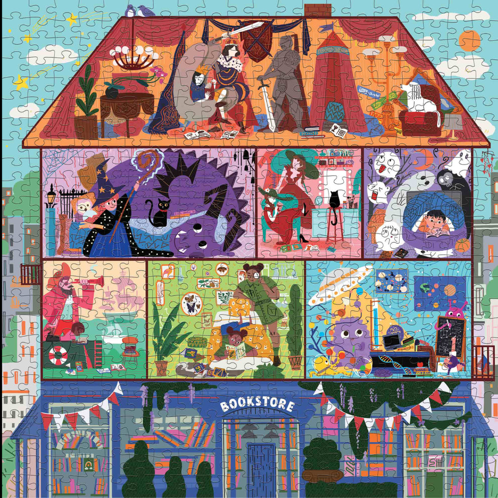 Shows the puzzle itself in detail with the different scenes of fairy tales in each room of a house