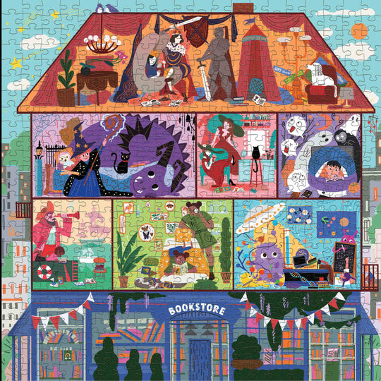 Shows the puzzle itself in detail with the different scenes of fairy tales in each room of a house