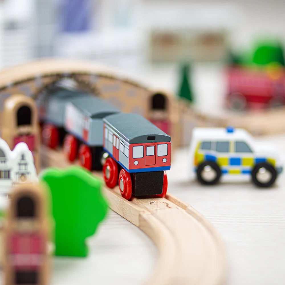 Close up image showing the painted detail on one of the trains - showing the windows and doors of the carriage