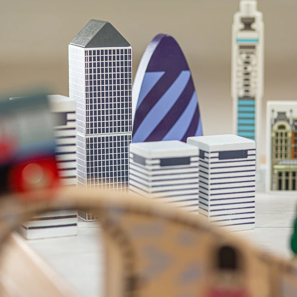 Close up of the wooden iconic London buildings such as the gherkin