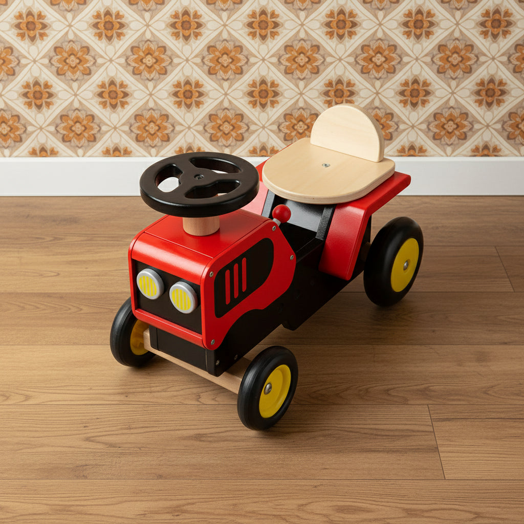 A red and black wooden ride on toy tractor with yellow wheels and a moveable gear stick and steering axle.