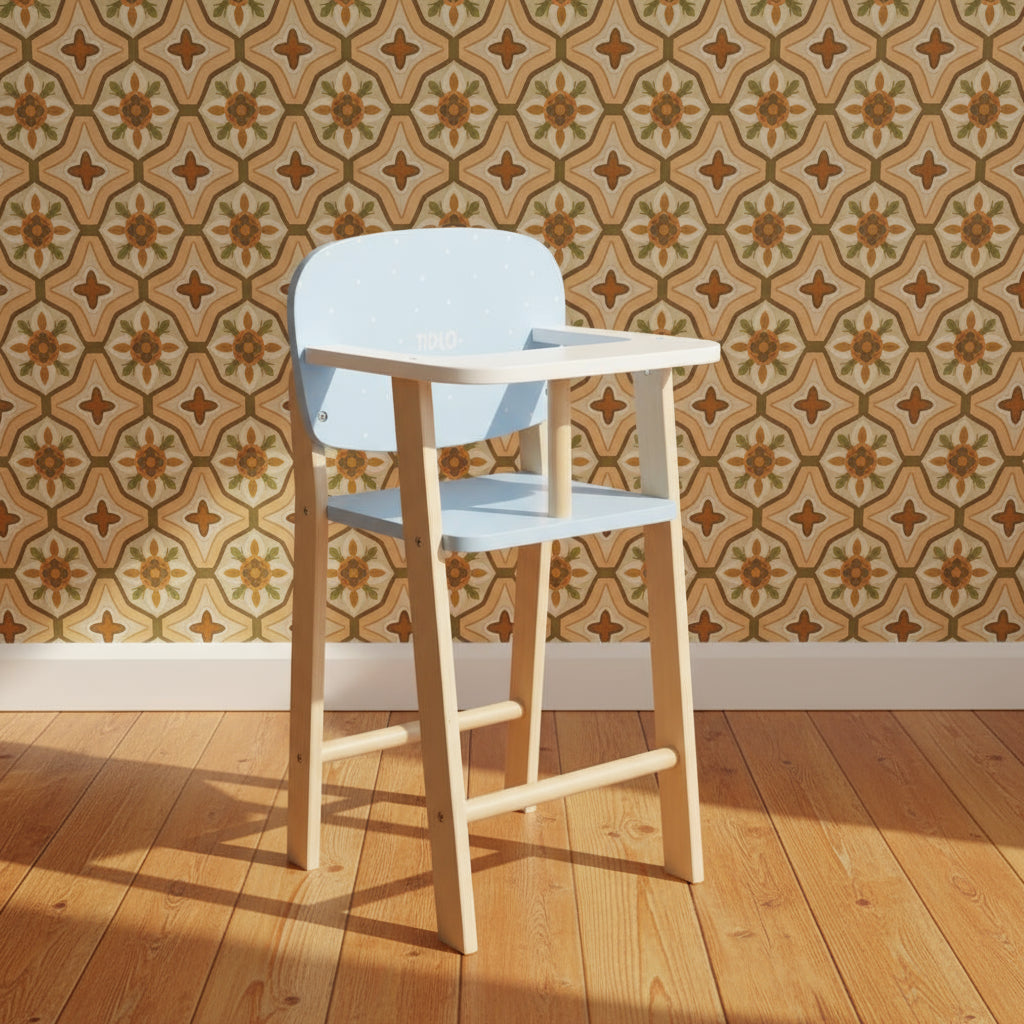 A wooden doll's high chair with a blue seat, designed for pretend play.