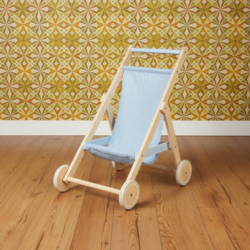Wooden doll stroller with pale blue seat and frame, four wheels, made from FSC Certified wood.