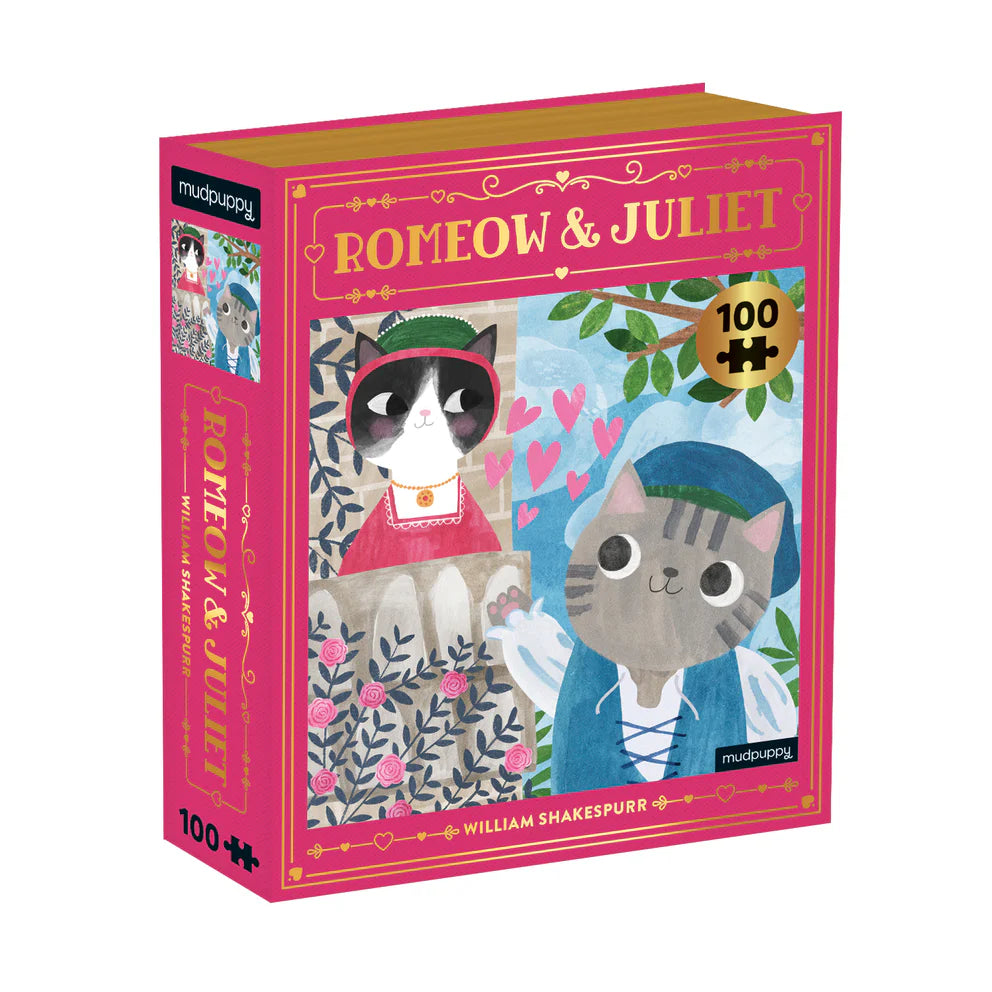 A 100-piece puzzle box featuring illustrated cat characters based on the Romeo and Juliet theme, with a book-style design and magnetic closure.