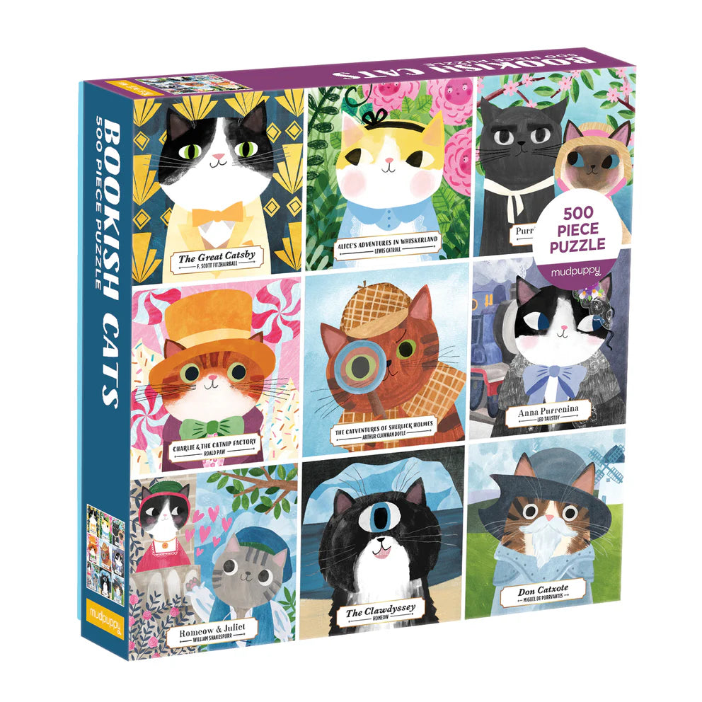 A 500-piece family puzzle box featuring illustrated cat portraits based on famous books, with each piece displaying a different character or scene and a pun, for example 'Anna Purrenina'