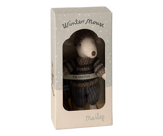 Maileg | Winter Mouse - Big Sibling With Striped Grey Jumper