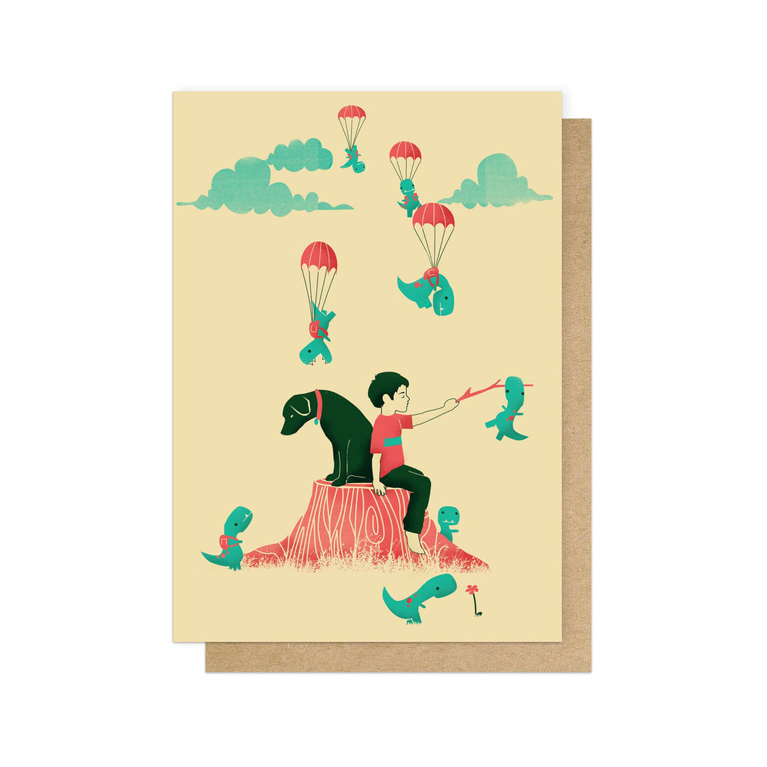 Greetings Card | Tiny T-Rex Invasion (Boy and Dog)