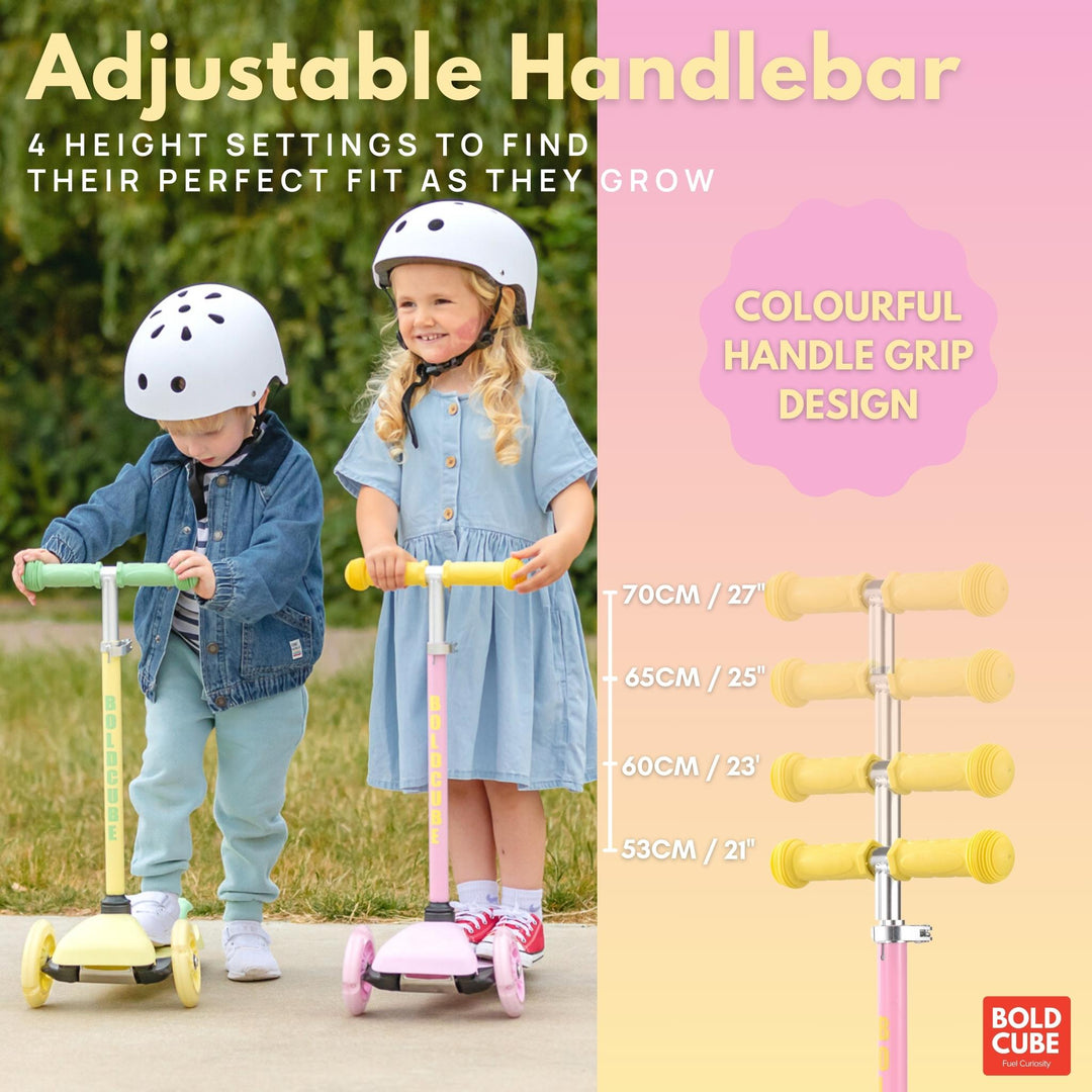 Two children with adjustable scooters and a color chart for handlebar height settings.
