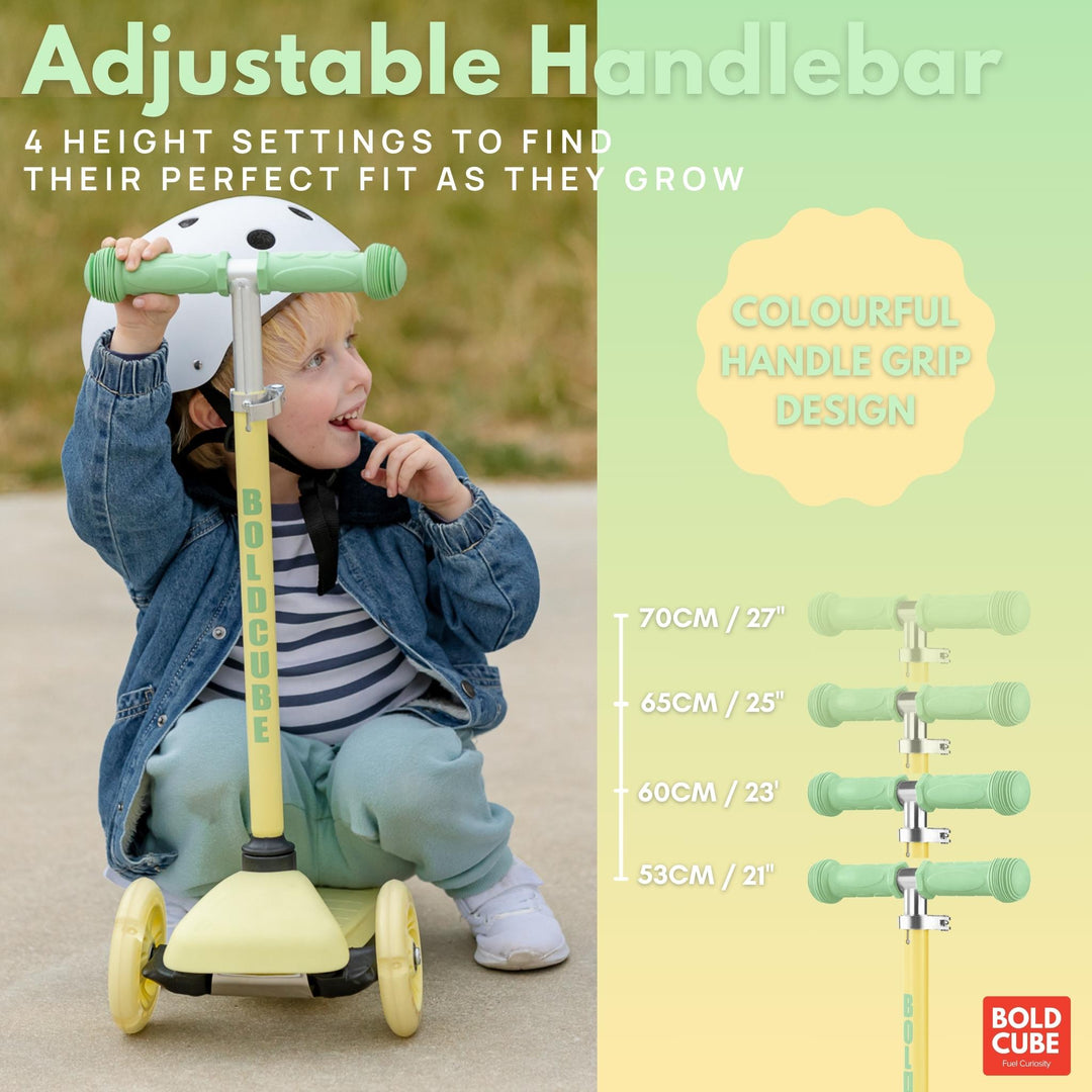 Child riding a scooter with adjustable handlebar, showing height settings on a green background.