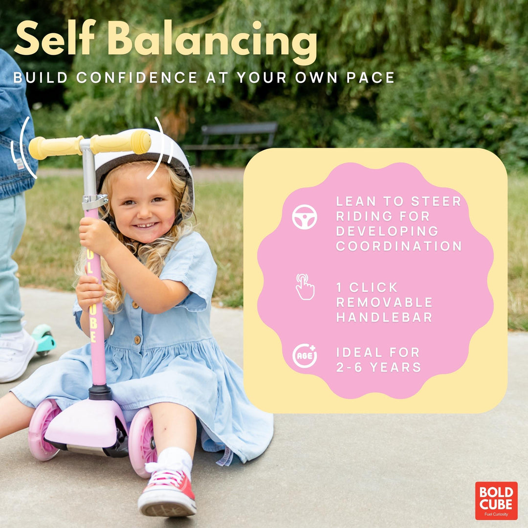 Child with a self-balancing scooter in an outdoor setting, with promotional text about the product.