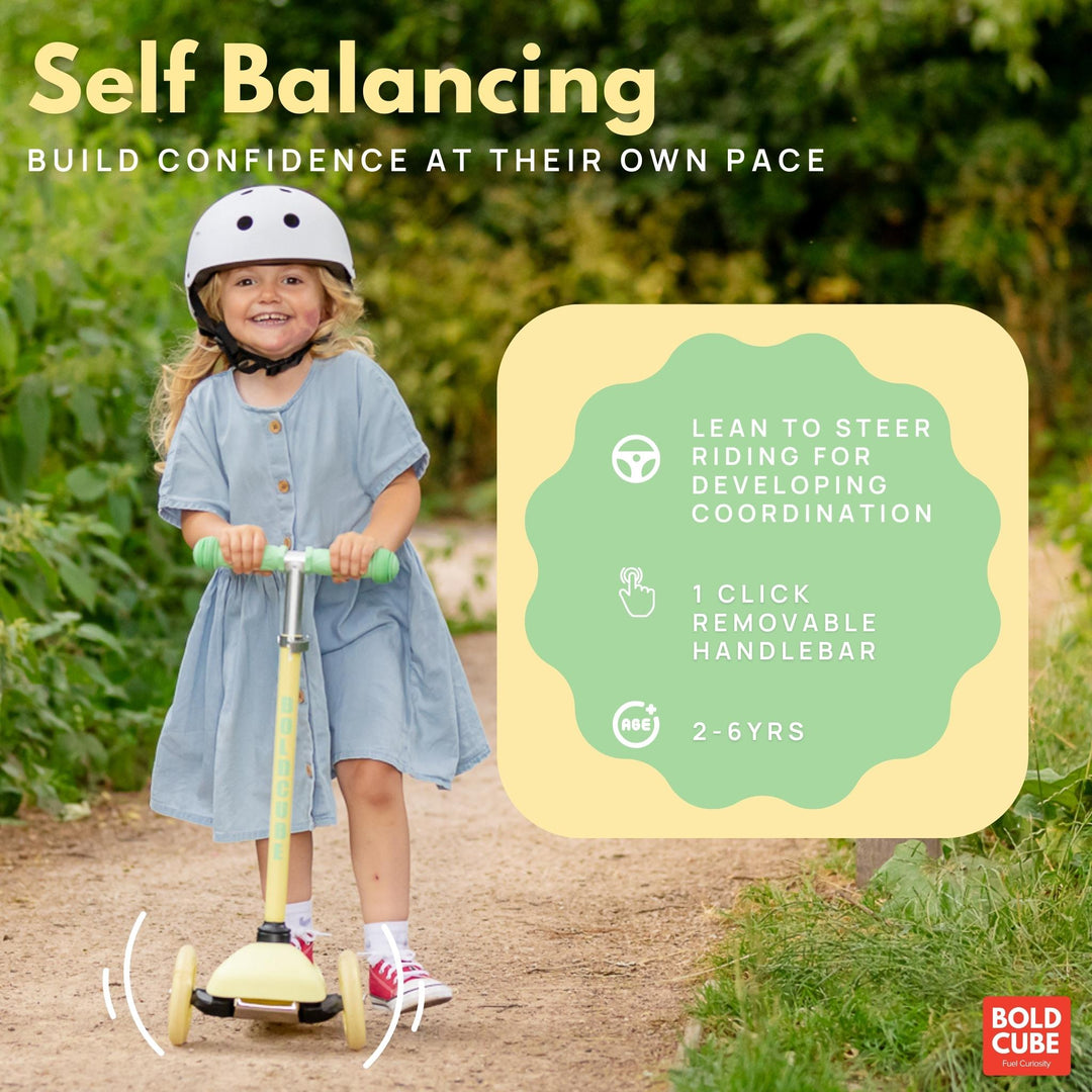 Child on a self-balancing scooter with text about confidence building and product features.