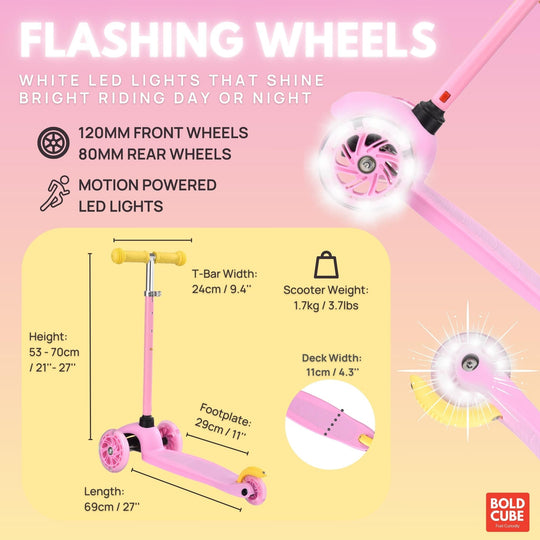 Pink scooter with flashing wheels and LED lights on a pink background, featuring product specifications.