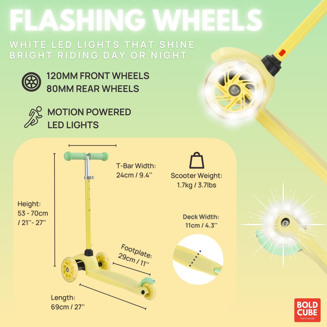 Yellow scooter with flashing wheels and LED lights on a green background, featuring product specifications.