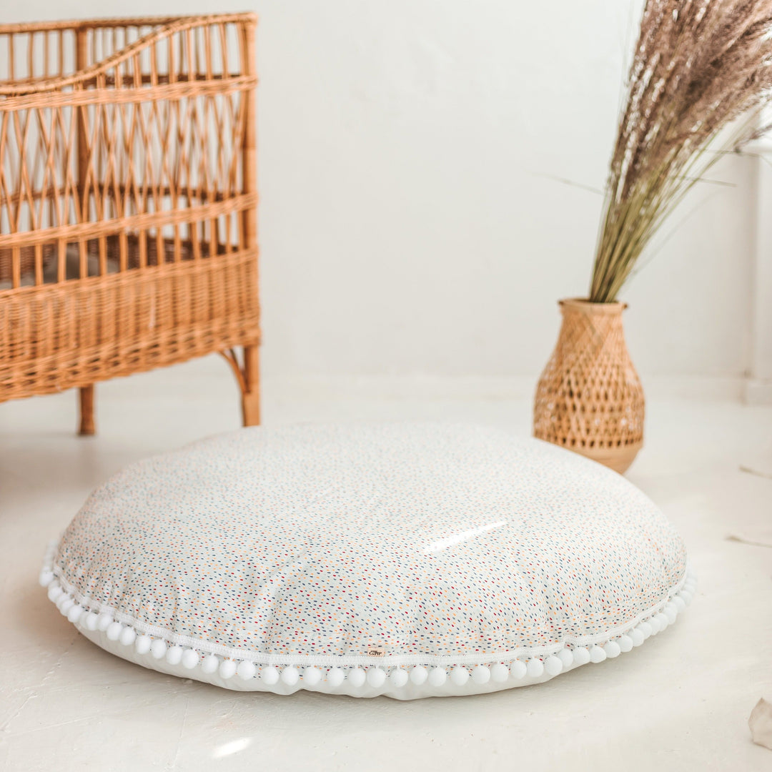 Big Floor Cushion With Pompoms - Colour Drops on White
