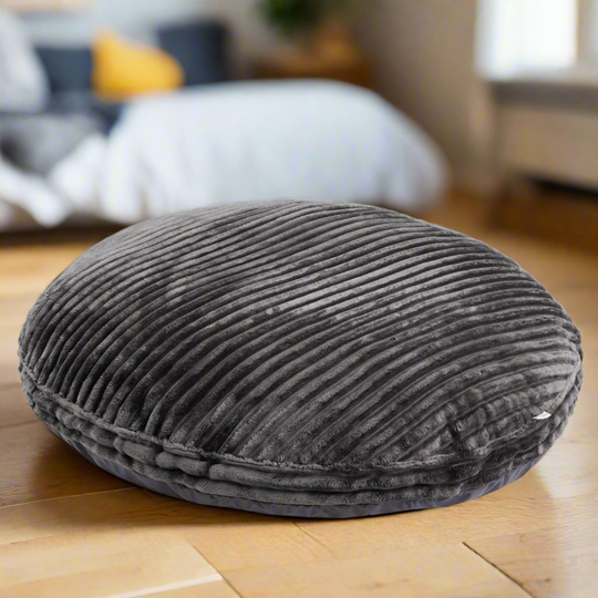 Round floor cushion with dark grey chunky ribbed corduroy fabric