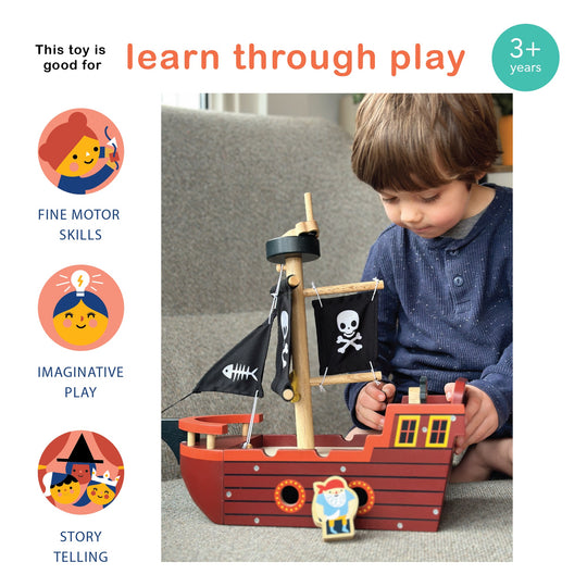 Child playing with a toy pirate ship, with text indicating benefits like fine motor skills and imaginative play.
