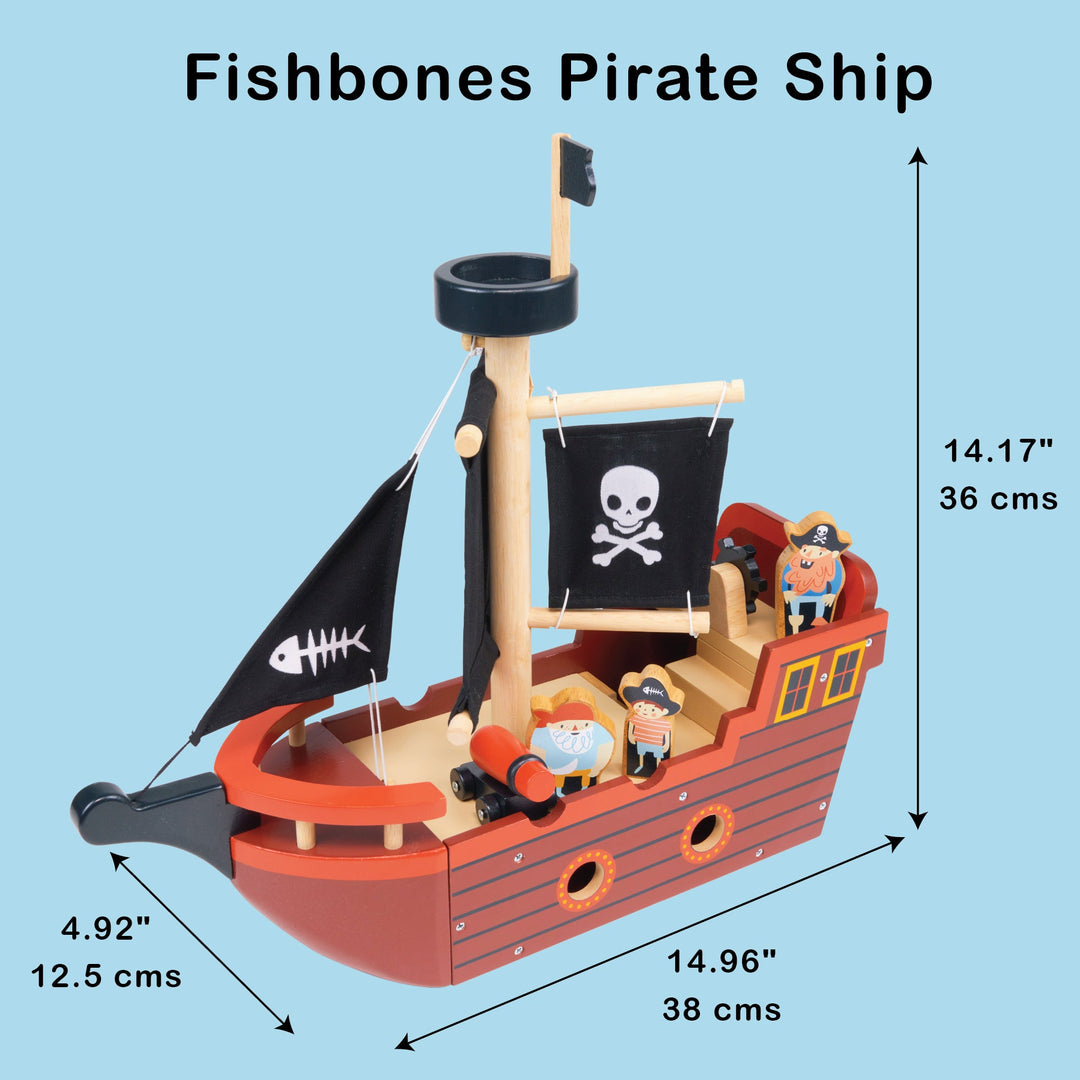 Toy pirate ship with dimensions on a blue background