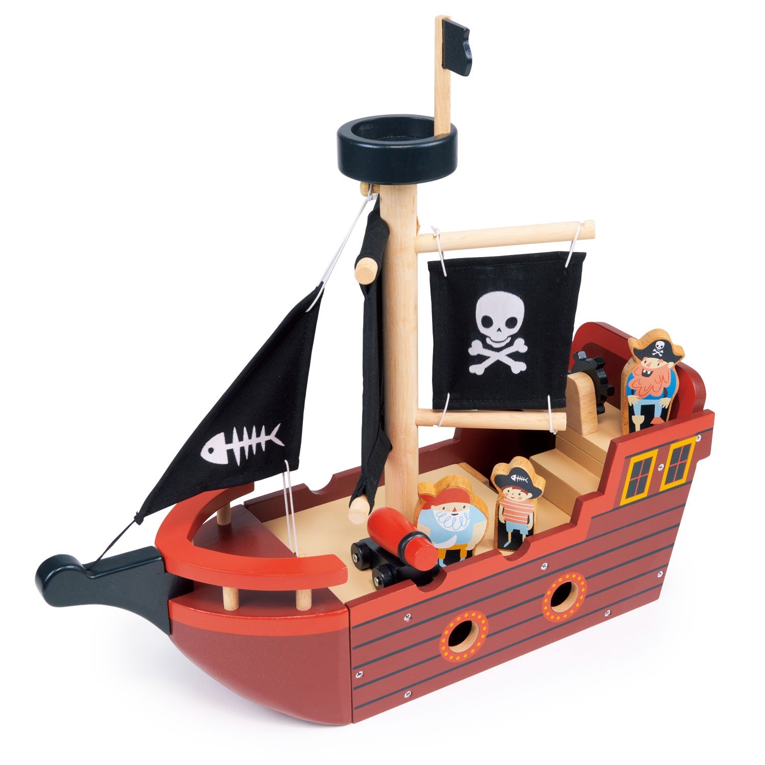 Toy pirate ship with figures and flags on a white background