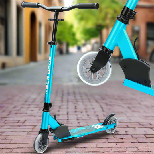 Blue scooter with black accents on a white background