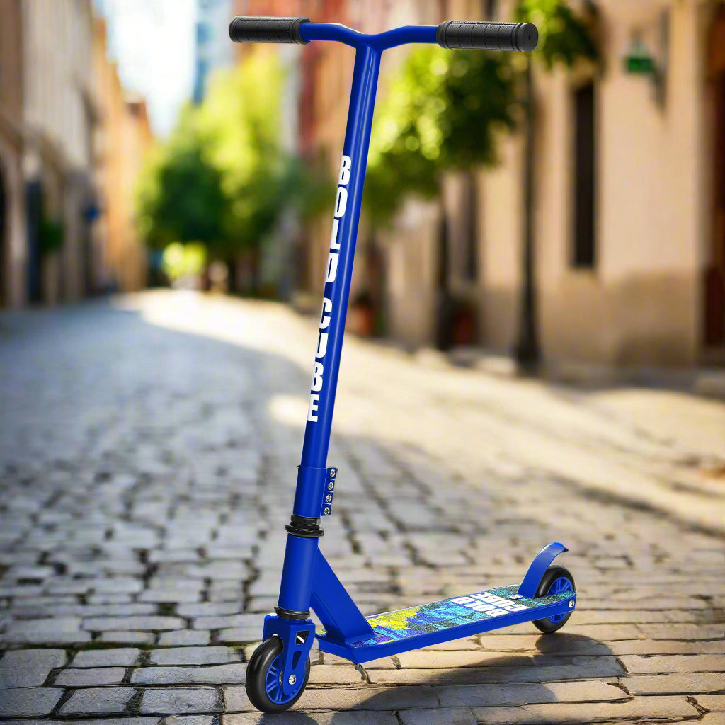 Blue scooter with visible branding BOLD CUBE written on the vertical bar on a city screet